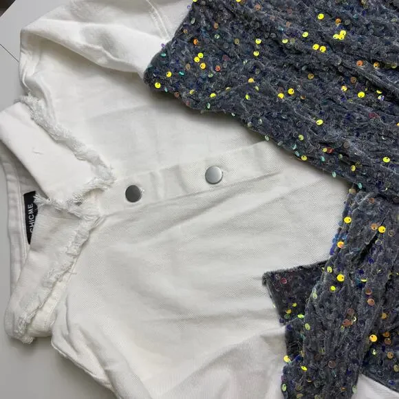 Sequin Patchwork Denim Jacket Oversized Shacket Women NEW - Picture 11 of 11